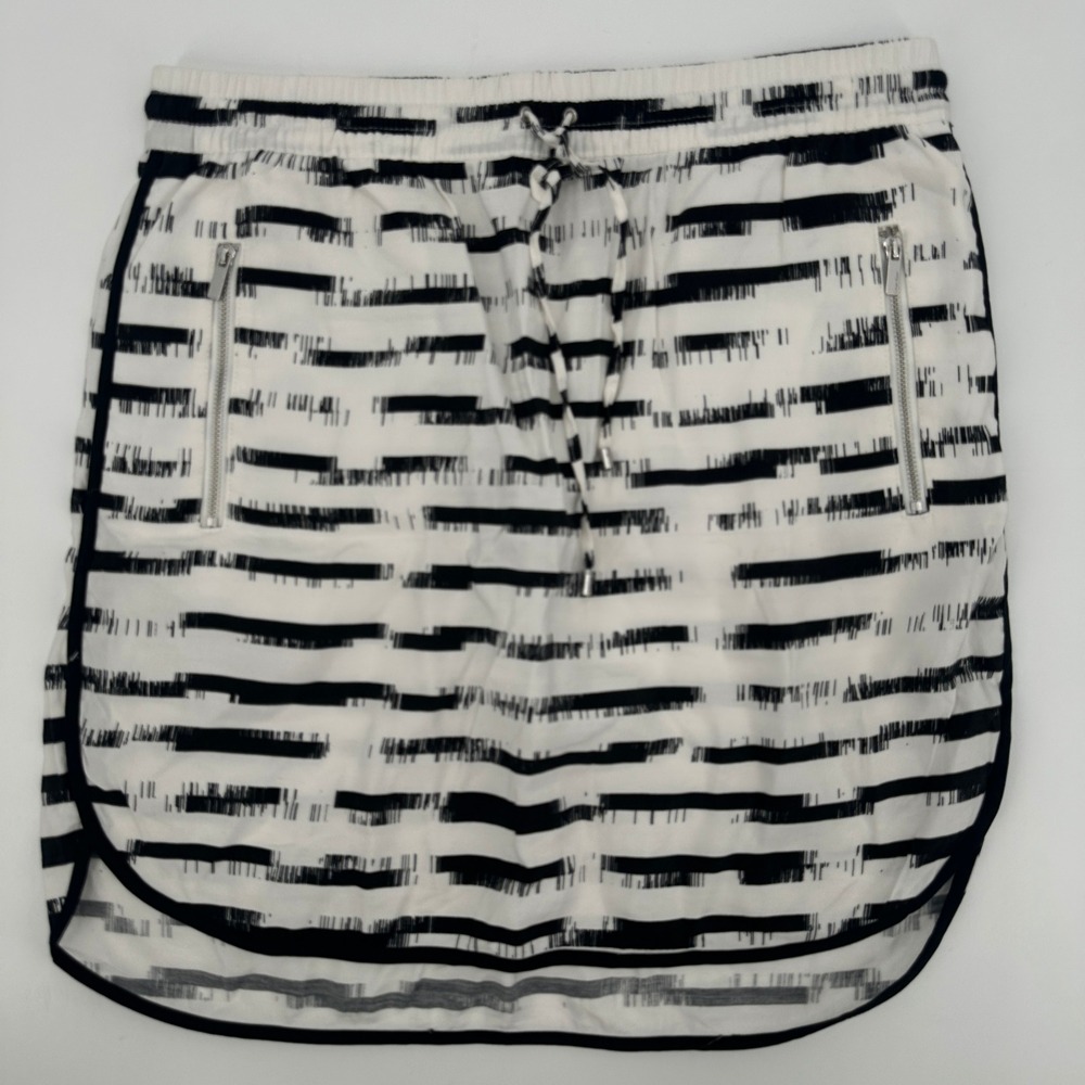 Calvin Klein Black White Stripe‎ Drawstring Cover Up Mini Skirt Side Slits XS TP